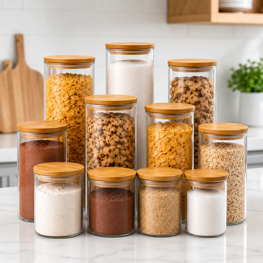 Kit 11 Potes Organizadores para Cozinha com Tampa de Bambu | Despensa Organizada e Alimentos à Vista