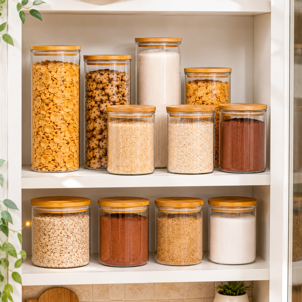 Kit 11 Potes Organizadores para Cozinha com Tampa de Bambu | Despensa Organizada e Alimentos à Vista